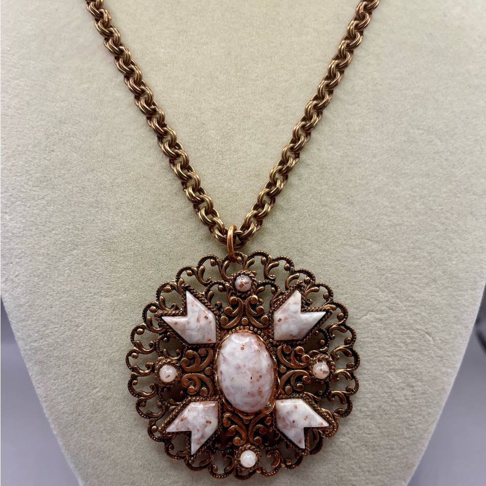 Vintage Copper Flower Pendant Necklace with Gold Confetti Lucite & Filigree Back